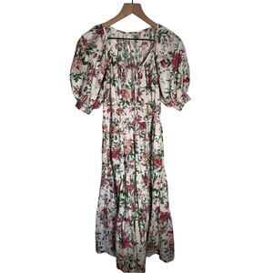 ANTHROPOLOGIE charming floral maxi milk maid style puff sleeve romantic dress XS